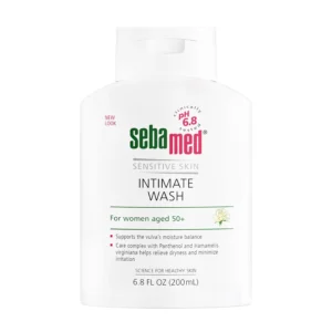 Sebamed feminine wash supports a woman's pH balance during menopause with gentle cleansing and irritation relief, thanks to hamamelis virginiana and panthenol.