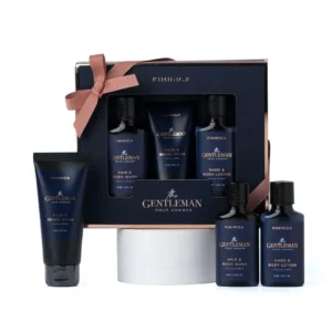 Kimirica Gentlemen bath and body set for men, including hair and body wash, hand and body lotion, and face and beard wash, infused with musk, amber, vetiver and patchouli for a luxurious grooming experience.