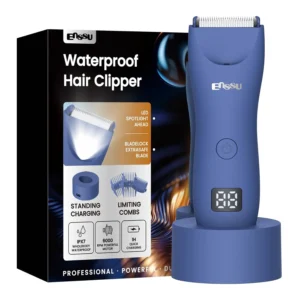 This waterproof electric body hair trimmer for men features a skin-safe ceramic blade and adjustable guide combs for trimming pubic hair, chest, beard, and groin, with an LCD display and recharge dock.