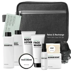 This ten-piece cedarwood bath set for men includes shampoo, body wash, face wash, lotion, and more for a complete self-care experience.