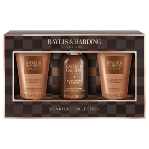 Baylis & Harding men's grooming set with black pepper and ginseng scent, including body wash, shower gel, and shampoo in travel sizes.