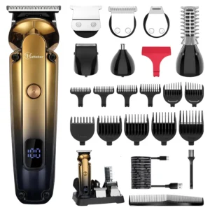 This 6-in-1 men's grooming kit includes hair clippers, a beard trimmer, a T-blade trimmer, and other attachments for versatile grooming needs.