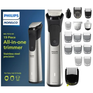 The Philips Norelco Multigroomer 7000 is an all-in-one men's grooming kit with multiple attachments for trimming beard, head, hair, body, groin, and face, featuring self-sharpening blades and a long-lasting battery.