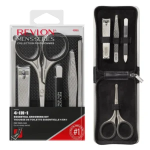 This men's grooming kit by Revlon includes stainless steel nail clippers, safety scissors, nail file, and tweezers for precise hair and nail care.