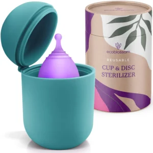 Cyan silicone menstrual cup case and sterilizer, a discreet and portable container for cleaning and storing any menstrual cup or disc.
