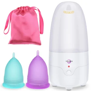 This menstrual cup kit includes two reusable period cups of different sizes and a compact steamer for easy sanitization and discreet storage, perfect for travel.