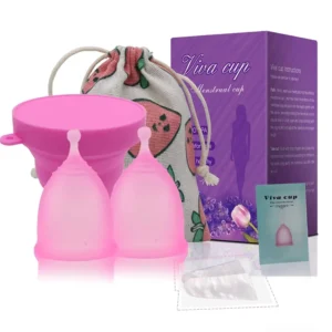 This image shows a reusable menstrual cup set made of medical-grade silicone, including two different sizes for varying flow, offering a safe, comfortable, and eco-friendly period solution.