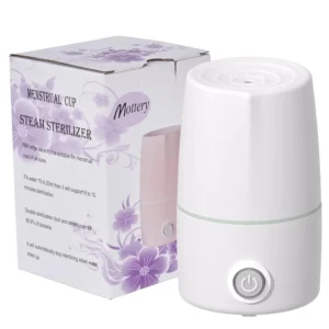 Automatic menstrual cup steamer machine with measuring cup, washes and sanitizes period cups with high temperature steam for feminine hygiene.