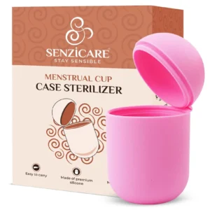 Pink silicone menstrual cup sterilizer case offers discreet storage and easy microwavable cleaning for any size menstrual cup or disc.