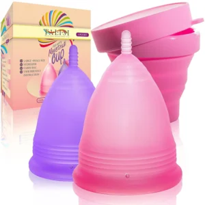 This menstrual cup set includes a small and large super soft, reusable period cup with a collapsible silicone sterilizer case and storage bag, offering a comfortable and safe alternative to tampons and pads for feminine hygiene.