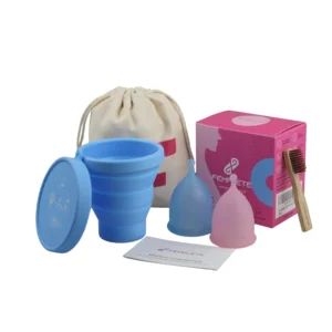 This set includes two medical-grade silicone menstrual cups, one large and one small, plus a sterilizing cup and bamboo brush, offering a comfortable, leak-free, and eco-friendly alternative to tampons and pads for feminine hygiene.