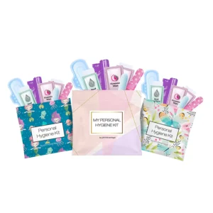 Three pH Advantage all-in-one menstrual kits in assorted colors, designed for discreet and convenient feminine hygiene on the go.