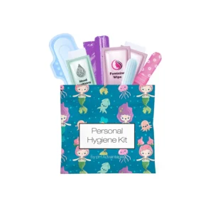 This on-the-go menstrual kit is a convenient, all-in-one feminine hygiene solution for travel, school, or everyday use, individually wrapped for cleanliness and including a tampon, sanitary pad, feminine wipes, and hand wipe.
