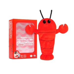 Cute lobster plush with a lavender scented heating pad insert for period cramp relief and tampon storage in its claws.