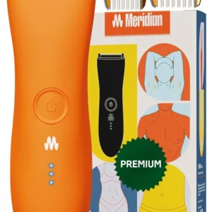The Meridian Trimmer in Blaze is a waterproof electric body hair trimmer for men designed for comfortable and quick grooming, featuring multiple guard lengths for precise manscaping.