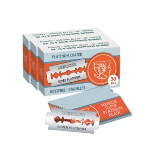 Three Merkur super platinum stainless steel double edge razor blades for use with standard safety razors.