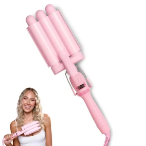 Pink Mermade Hair PRO Waver, a triple barrel curling iron, creating perfect, bouncy beach waves.