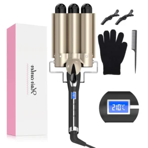 This 3 barrel mermaid hair waver creates loose, beachy waves quickly with adjustable heat settings and tourmaline ceramic technology for shiny, frizz-free results on all hair types.