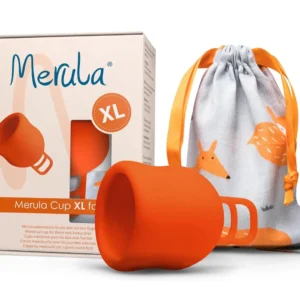 Orange Merula Cup XL menstrual cup for heavy flow, made in Germany from medical-grade silicone, a reusable and eco-friendly alternative to tampons and pads.