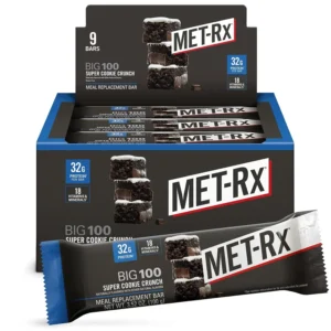 Nine MET-Rx Big 100 Super Cookie Crunch protein bars, each packed with 32 grams of protein, provide a convenient and delicious meal replacement to fuel your workouts and support muscle recovery.