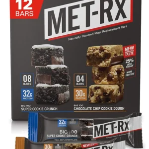 Twelve MET-Rx Big 100 protein bars in Super Cookie Crunch and Chocolate Chip Cookie Dough flavors, designed as a naturally flavored high protein meal replacement to support lean muscle, strength and recovery.