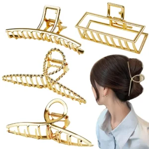 This image shows four metal twist cross claw clips, designed to provide a strong and non-slip hold for styling thick, heavy hair.