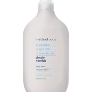 One 28 ounce bottle of Method Simply Nourish body wash infused with coconut, rice milk and shea butter to leave skin moisturized.