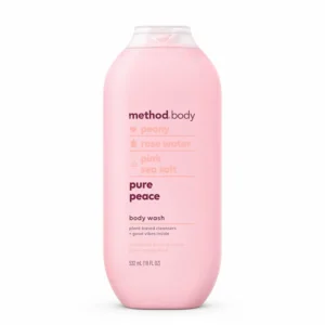 One 18 ounce bottle of Method Pure Peace body wash, infused with peony, rose water and pink sea salt, leaves skin moisturized and smelling amazing.