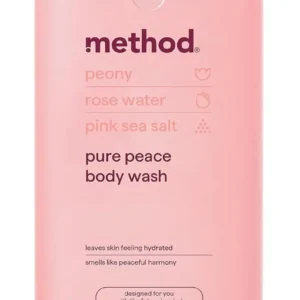 Bottle of Method Pure Peace body wash with peony, rose water, and pink sea salt scent for a refreshing and eco-friendly shower experience.