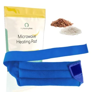 Blue microwavable heating pad with adjustable waist strap providing hot therapy for back pain and menstrual cramps relief.