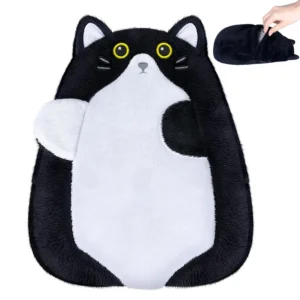 Soft, cat-shaped microwavable heating pad filled with natural grains, designed to relieve period cramps and provide soothing warmth for women experiencing menstrual discomfort.