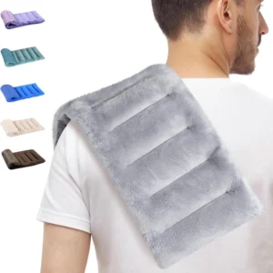 Gray microwavable heating pad for neck and shoulders providing moist heat therapy for pain relief.