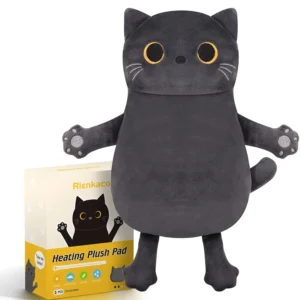 Grey cat shaped microwaveable heating pad filled with clay beads, flaxseed, millet, and lavender for soothing pain relief.