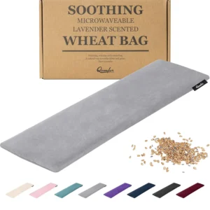 Dark grey Qomfor microwave heating pad filled with wheat and lavender providing soothing pain relief for neck, shoulders, and back.