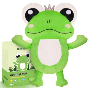 Cute frog-shaped microwaveable heating pad filled with clay beads, flaxseed, millet, and lavender providing moist heat for period cramp relief.