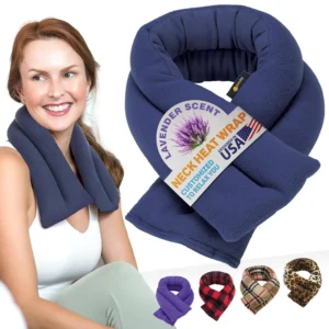 Navy blue SunnyBay microwavable neck and shoulder wrap filled with flaxseed and lavender provides soothing heat for neck pain and muscle relief.