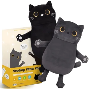 Cute black and grey cat-shaped microwave heating pad filled with clay beads, flaxseed, millet and lavender for pain relief in the back, neck, shoulders, muscles, knee and joints and menstrual cramps.