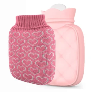 This microwaveable hot water bottle with a soft knit cover provides soothing warmth for pain relief and can also be used for cold compress.