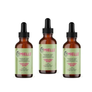 Three bottles of Mielle Rosemary Mint Strengthening Oil promote healthy hair growth and soothe dry scalp with essential oils.