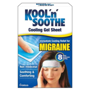 Four blue Kool n Soothe cooling gel strips provide immediate cooling relief for migraines and headaches for up to 8 hours.