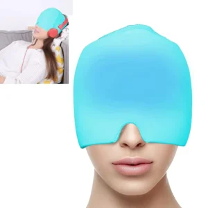 Wearable blue migraine relief cap provides soothing cold or hot therapy for headaches, tension, sinus pressure, and puffy eyes.