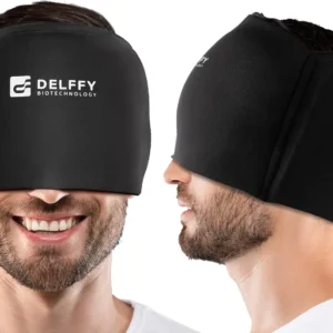 This comfortable and stretchable migraine relief hat provides cold therapy for headaches, tension, sinus pressure, puffy eyes, and stress.
