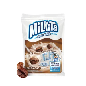 Individually wrapped Milkita cappuccino flavored candies made with real milk, offering a creamy, chewy texture and a calcium boost in a convenient, bite-sized treat.