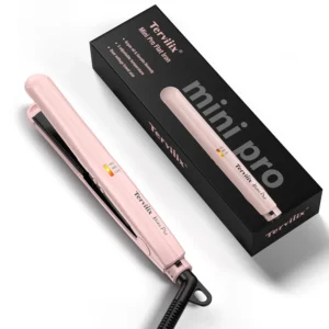 This pink mini flat iron from Terviiix has adjustable temperatures, dual voltage, and a half-inch ceramic plate, making it perfect for travel and styling short hair.