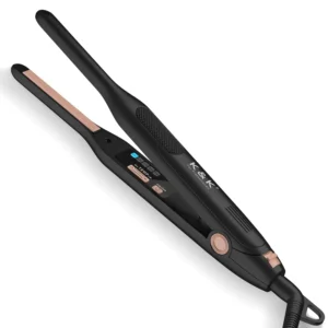 K&K mini flat iron with 3/10 inch titanium plates quickly straightens short hair, pixies, and beards with adjustable temperature up to 450F and dual voltage for travel.