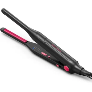 Hot pink Wavytalk mini hair straightener with 3/10 inch pencil plates designed for styling short hair, pixie cuts, bangs and edges, featuring an anti-pinch design and dual voltage.