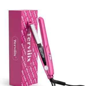 Pink Terviiix mini flat iron, a small and portable hair straightener with ceramic plates and dual voltage, ideal for styling short hair, bangs, and travel.
