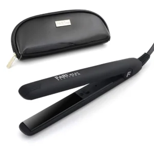 This mini FARI flat iron features ceramic tourmaline plates, dual voltage for worldwide use, a travel bag, and heats up to 180°C for quick and easy styling on the go.