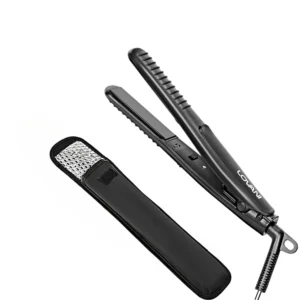 Portable mini flat iron with dual voltage for worldwide travel, featuring nano titanium plates and a heat-resistant travel bag.