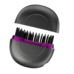 This mini hair straightener brush is designed for travel and features ceramic plates to smooth and straighten hair, reducing frizz and static for a sleek, shiny look.